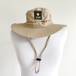 US Army Boonie Bucket Hat Mens Womens Khaki Tan Adjustable Removable Chin Cord